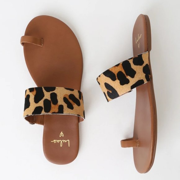 Lulus Tessa Leopard Calf Hair Toe Loop Sandals - Picture 2 of 4